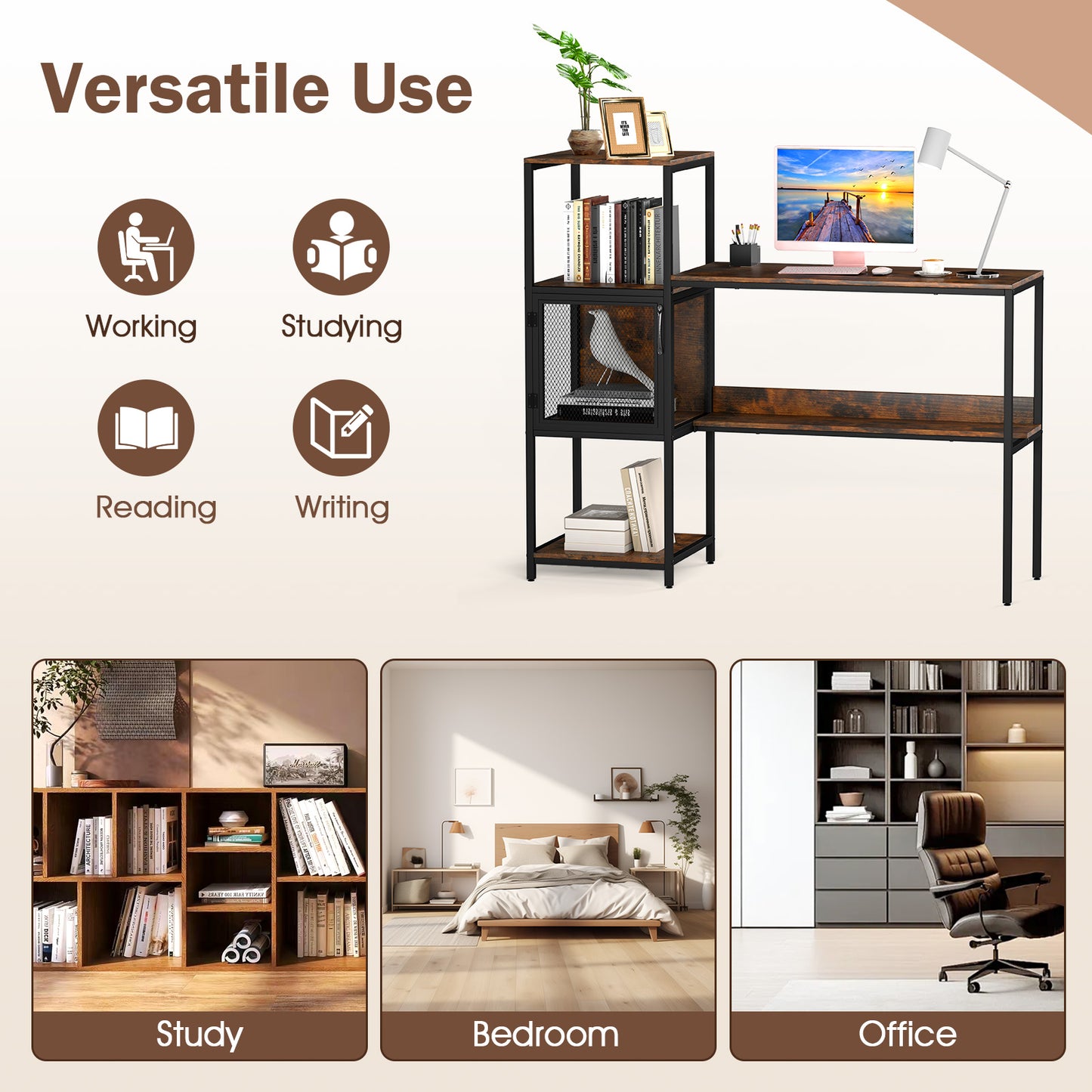 Computer Desk with Bookshelf Storage Cabinet and Shelves-Rustic Brown