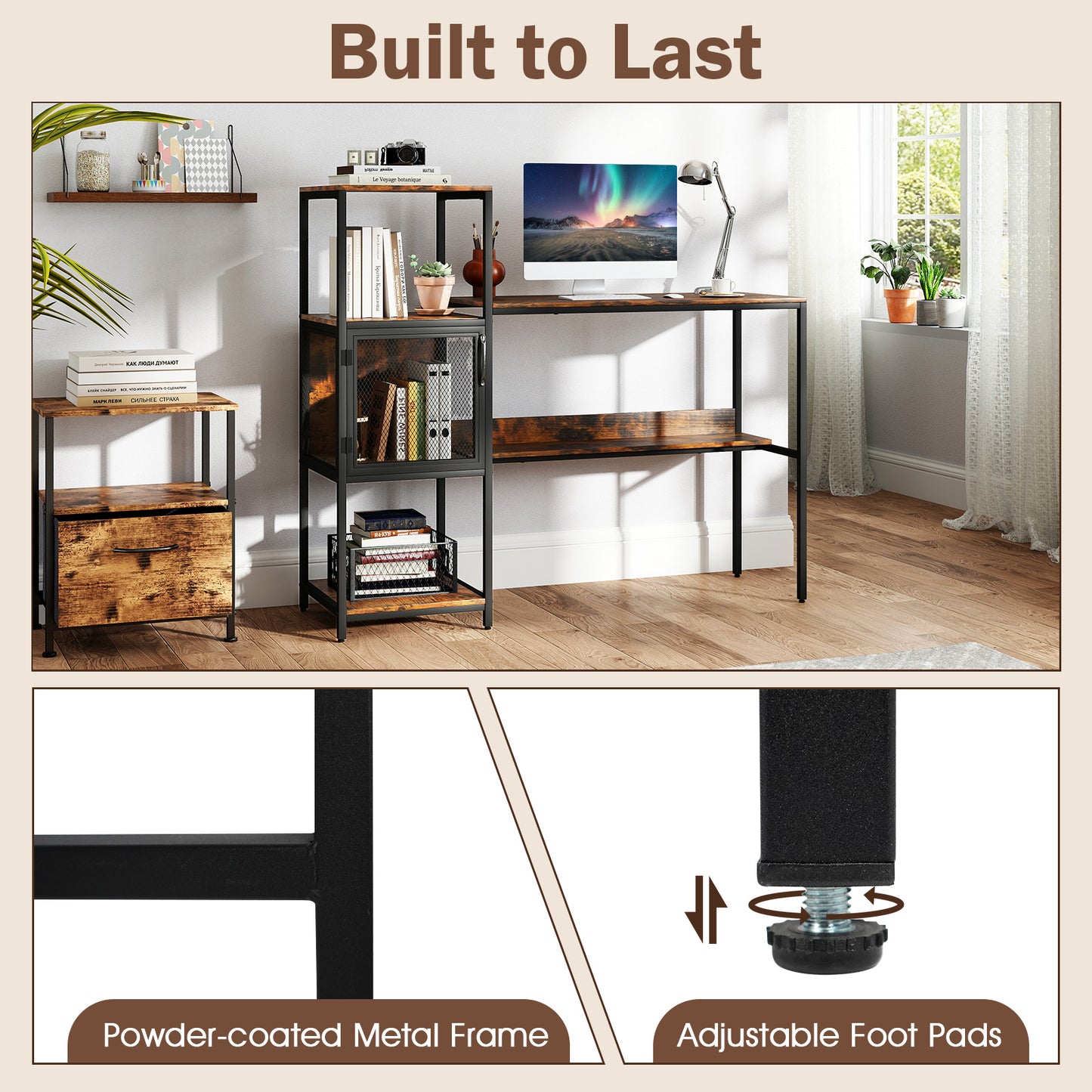 Computer Desk with Bookshelf Storage Cabinet and Shelves-Rustic Brown
