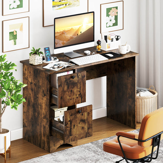 Computer Desk with Drawers with Charging Station and Cable Hole-Brown