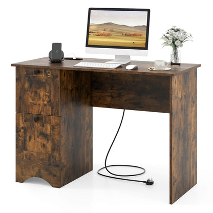 Computer Desk with Drawers with Charging Station and Cable Hole-Brown