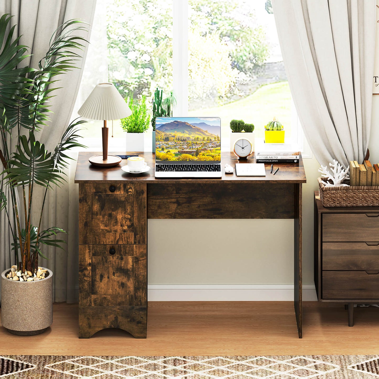 Computer Desk with Drawers with Charging Station and Cable Hole-Brown