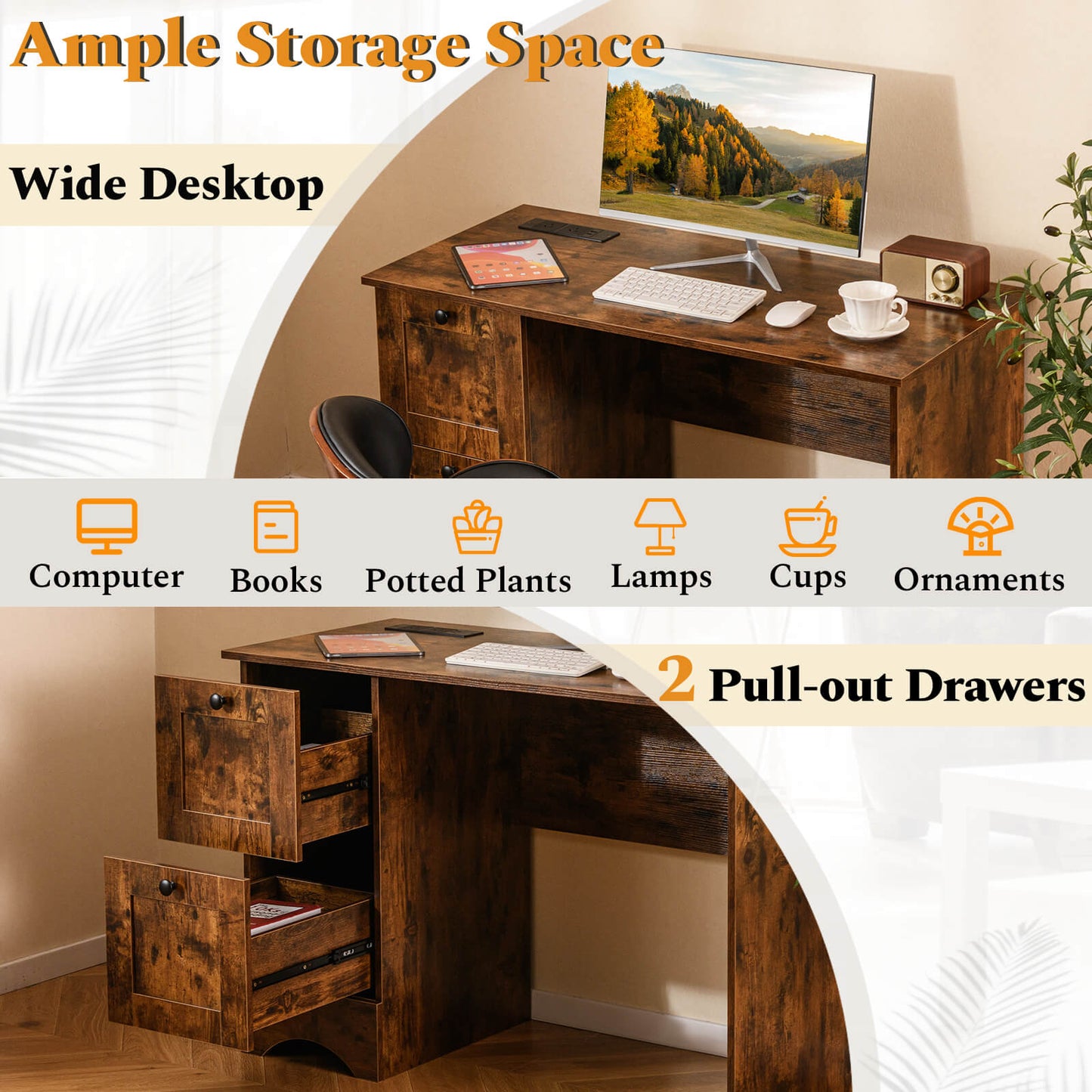 Computer Desk with Drawers with Charging Station and Cable Hole-Brown