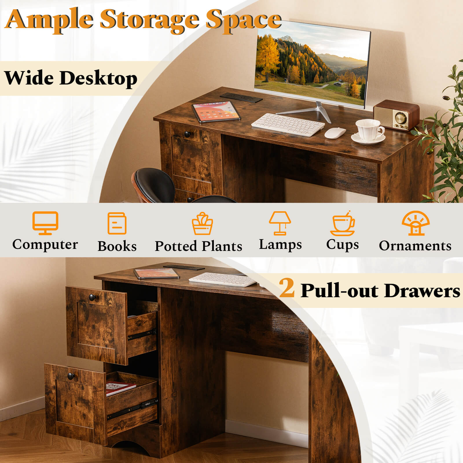 Computer Desk with Drawers with Charging Station and Cable Hole-Brown