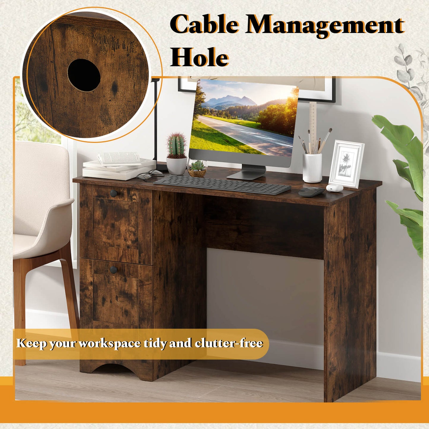 Computer Desk with Drawers with Charging Station and Cable Hole-Brown