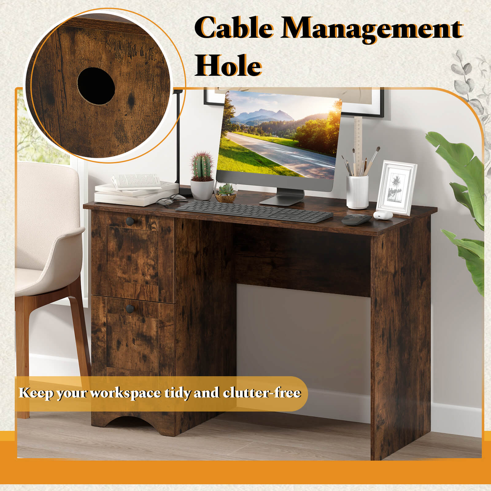 Computer Desk with Drawers with Charging Station and Cable Hole-Brown