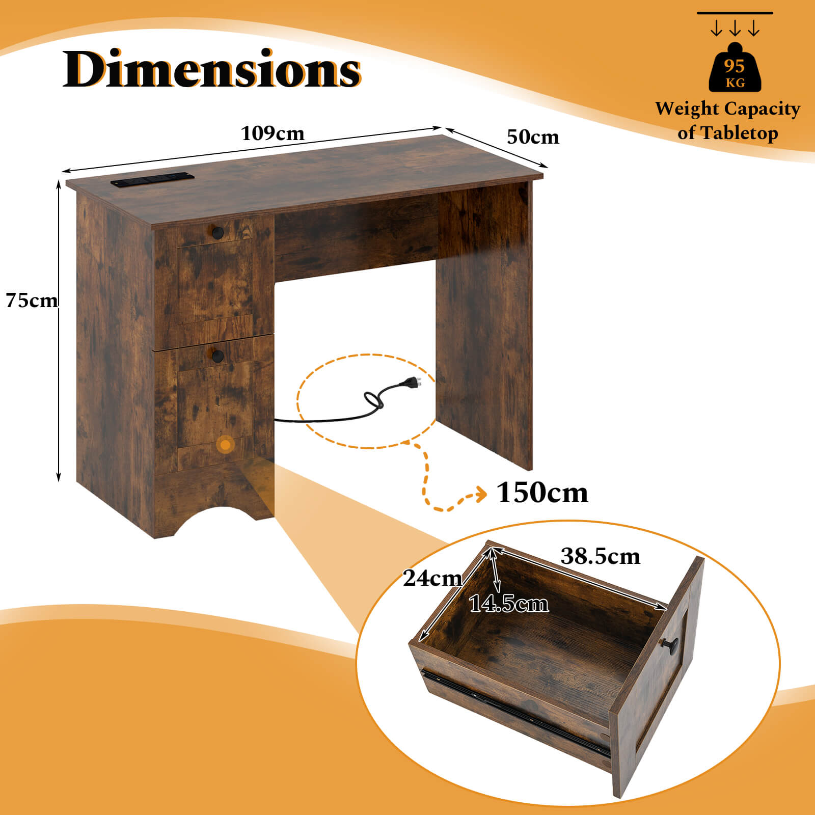 Computer Desk with Drawers with Charging Station and Cable Hole-Brown