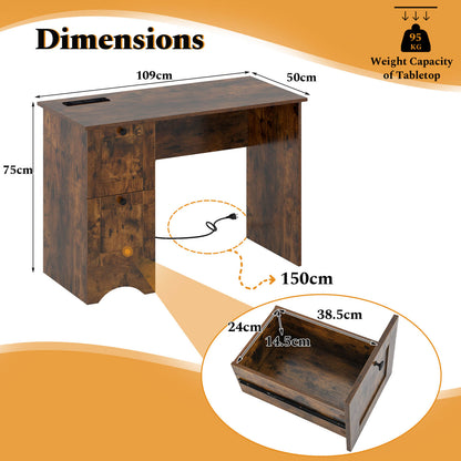 Computer Desk with Drawers with Charging Station and Cable Hole-Brown