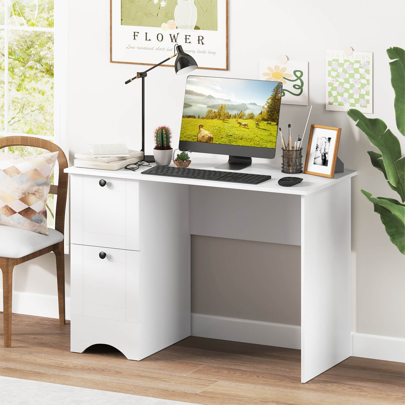 Computer Desk with Drawers with Charging Station and Cable Hole-White