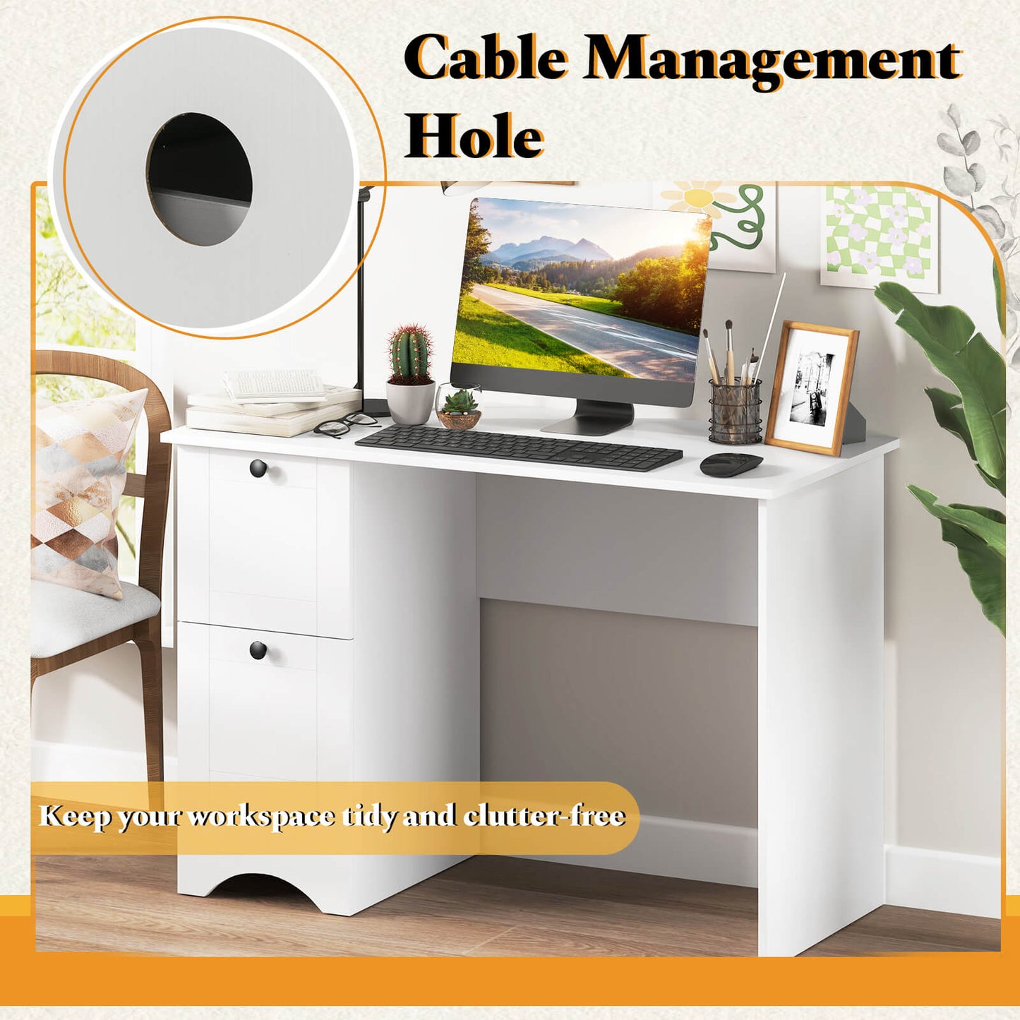 Computer Desk with Drawers with Charging Station and Cable Hole-White