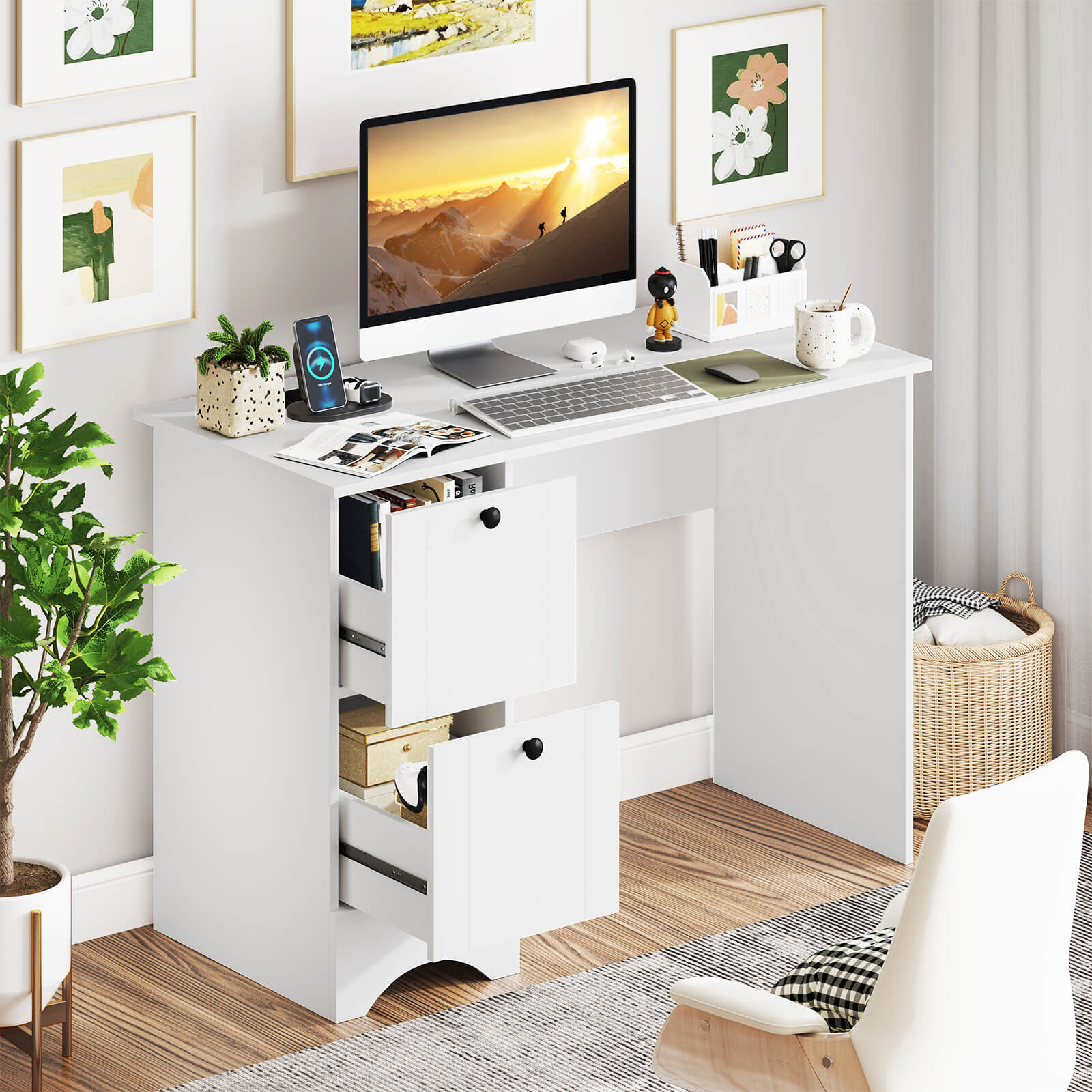 Computer Desk with Drawers with Charging Station and Cable Hole-White