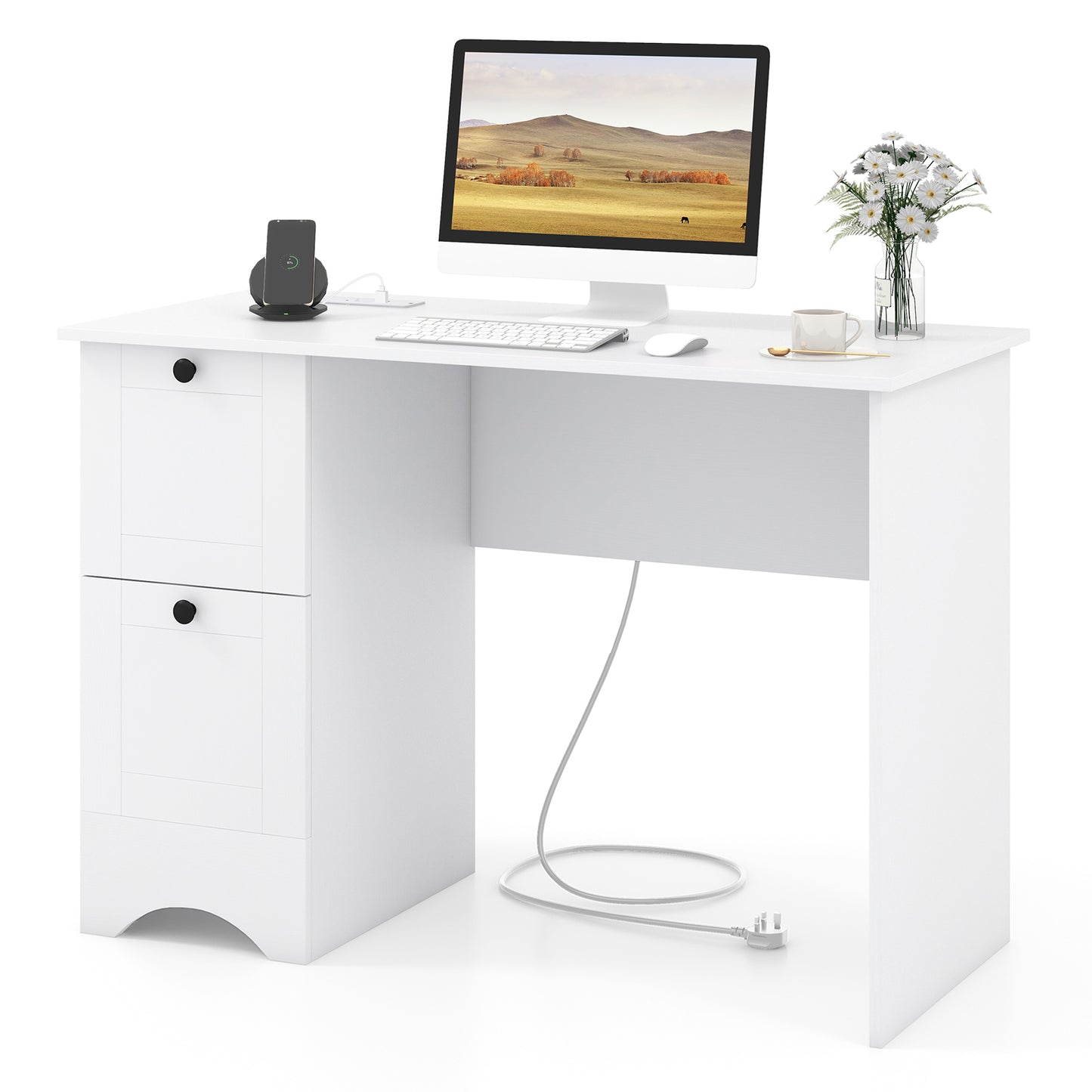 Computer Desk with Drawers with Charging Station and Cable Hole-White