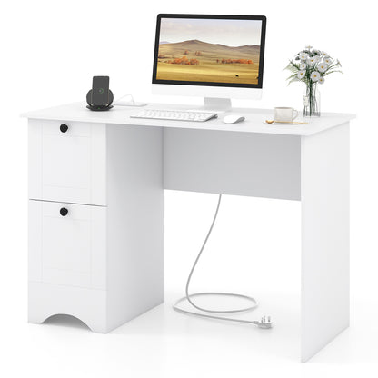 Computer Desk with Drawers with Charging Station and Cable Hole-White