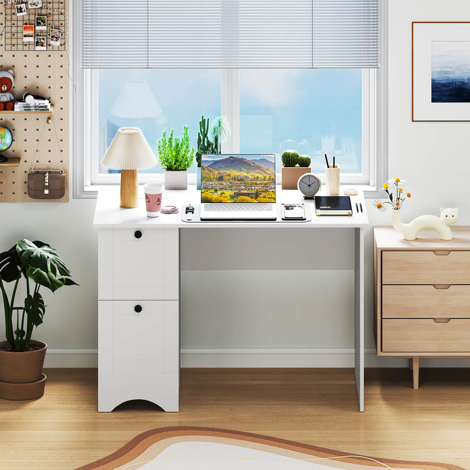 Computer Desk with Drawers with Charging Station and Cable Hole-White