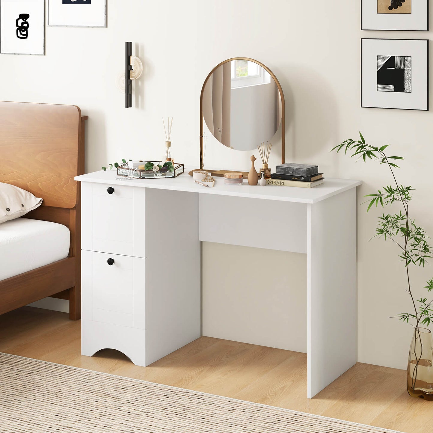 Computer Desk with Drawers with Charging Station and Cable Hole-White