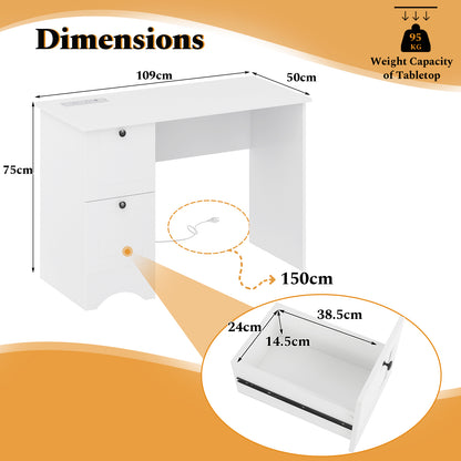 Computer Desk with Drawers with Charging Station and Cable Hole-White