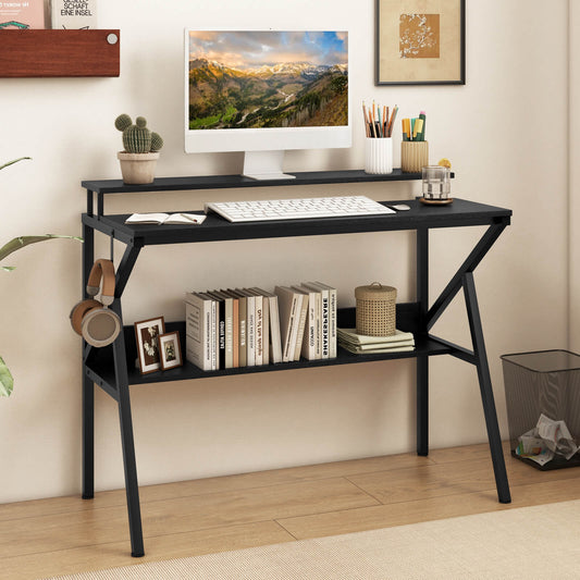 Space Saving Computer Desk with Monitor Stand and Extra Storage Shelf-Black