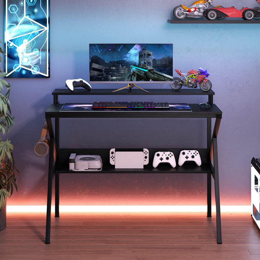 Space Saving Computer Desk with Monitor Stand and Extra Storage Shelf-Black