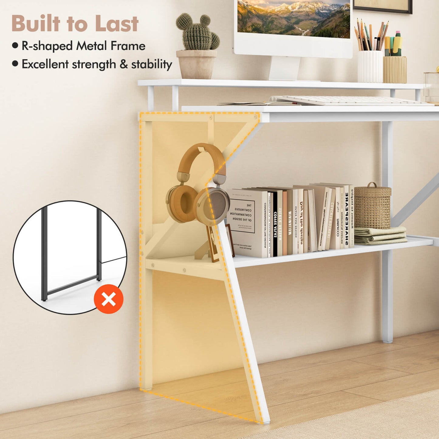 Space Saving Computer Desk with Monitor Stand and Extra Storage Shelf-White