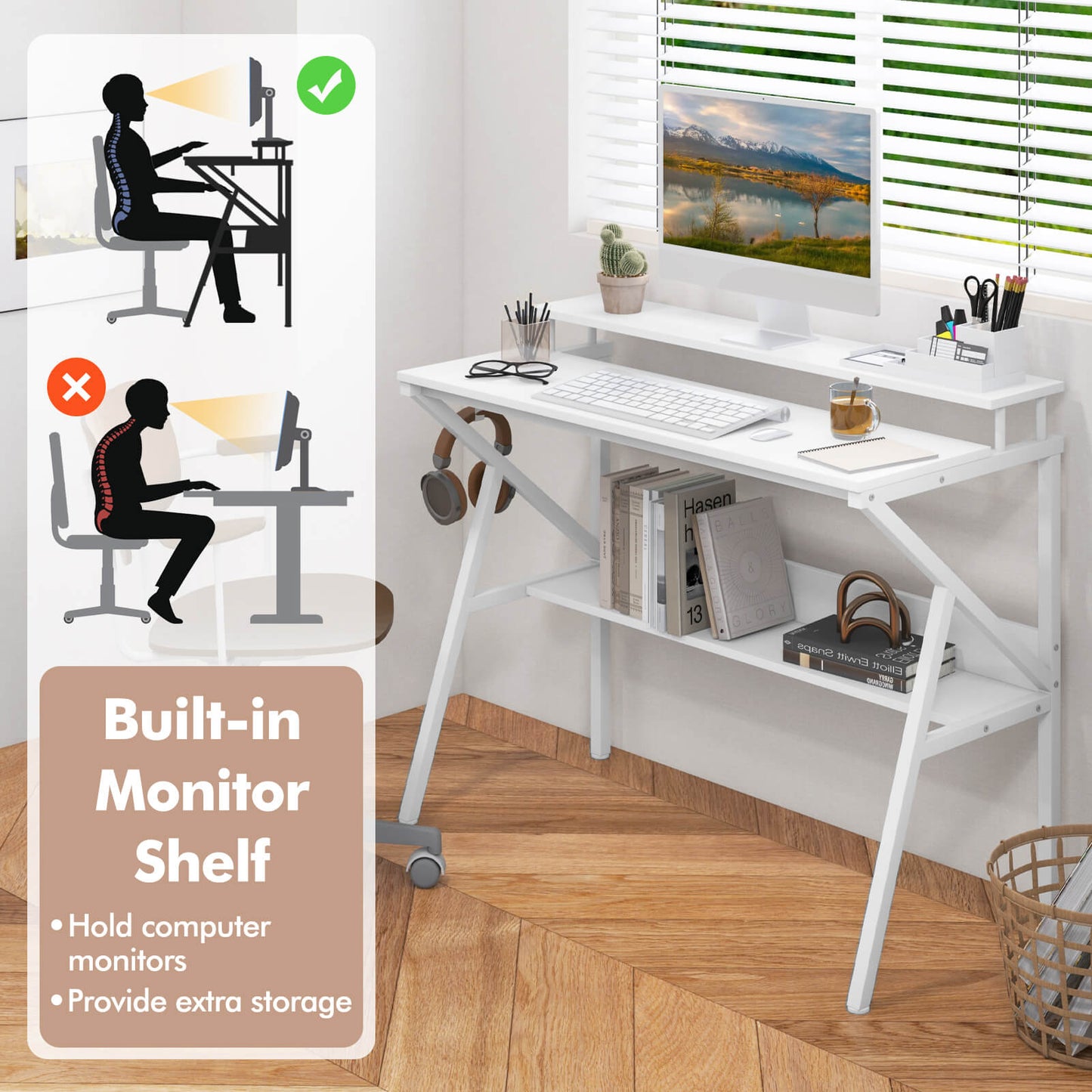 Space Saving Computer Desk with Monitor Stand and Extra Storage Shelf-White