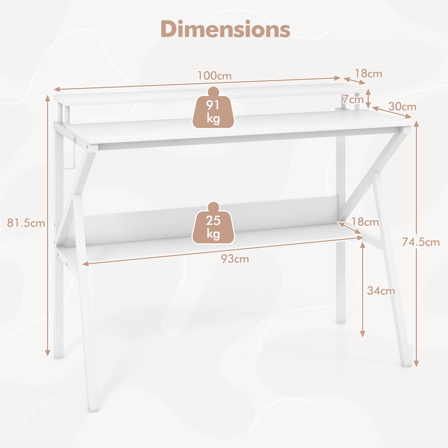Space Saving Computer Desk with Monitor Stand and Extra Storage Shelf-White