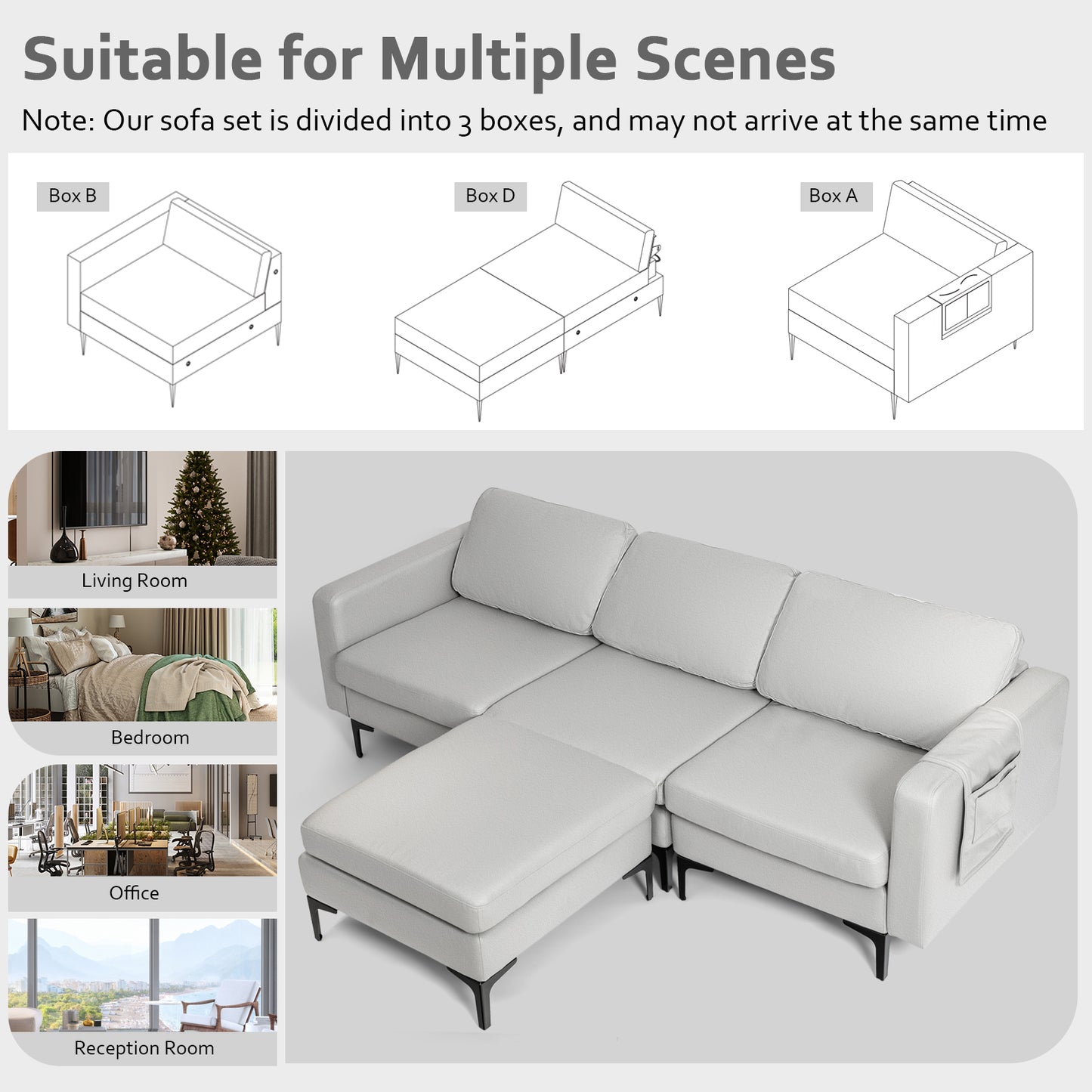 Convertible Sectional Sofa L-Shaped 3-Seat Sofa Couch