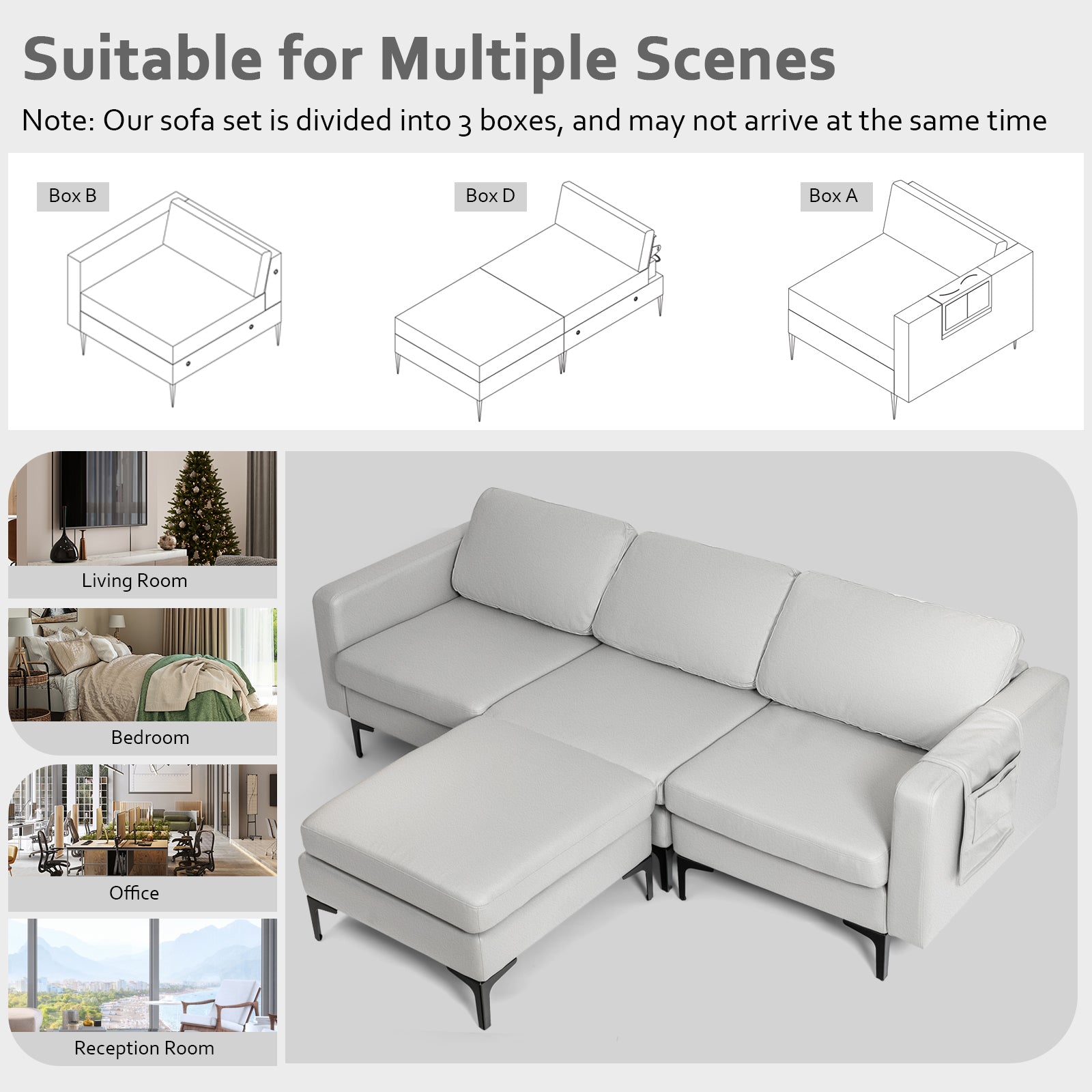 Convertible Sectional Sofa L-Shaped 3-Seat Sofa Couch