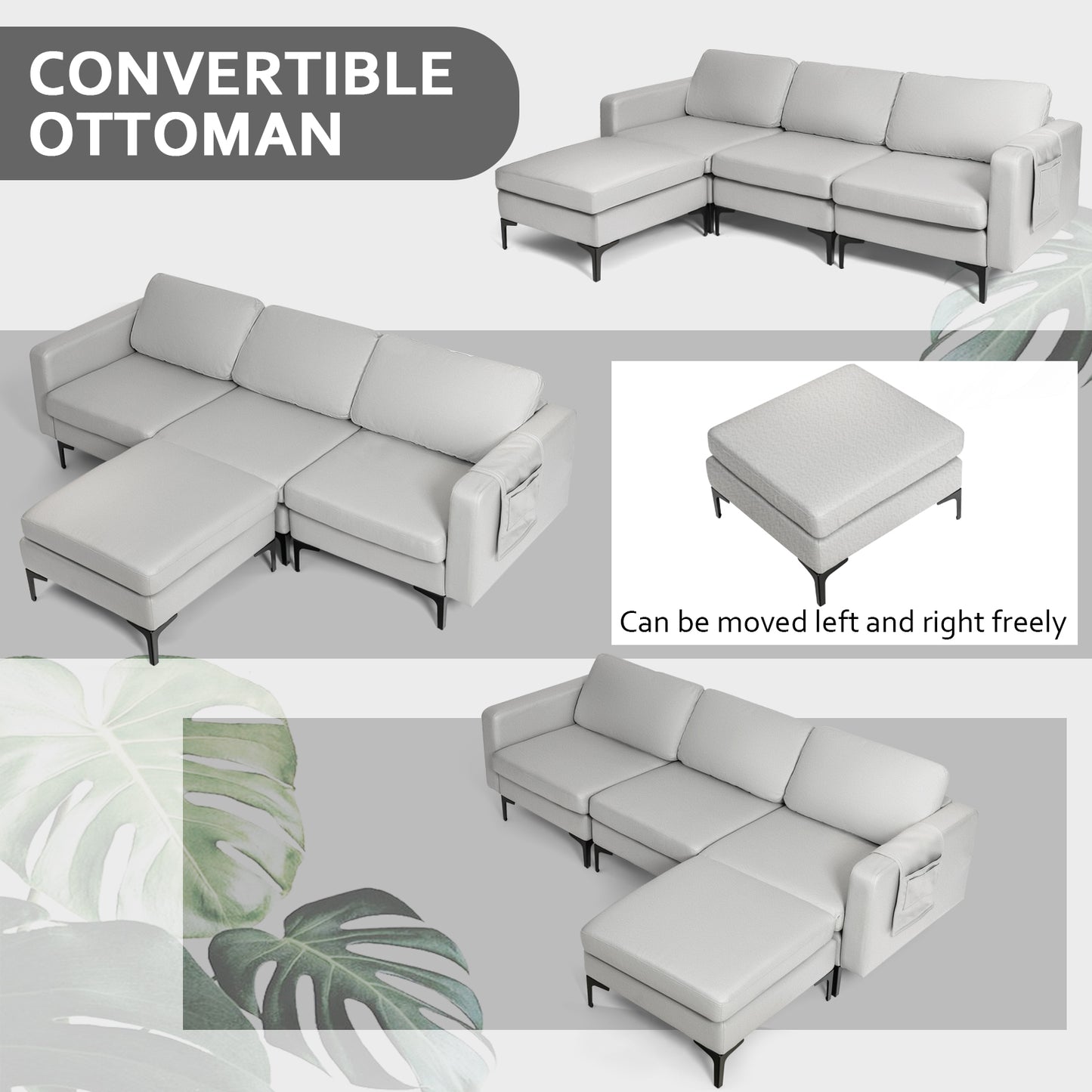 Convertible Sectional Sofa L-Shaped 3-Seat Sofa Couch