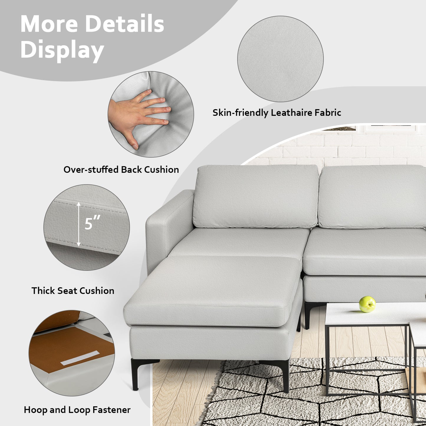 Convertible Sectional Sofa L-Shaped 3-Seat Sofa Couch