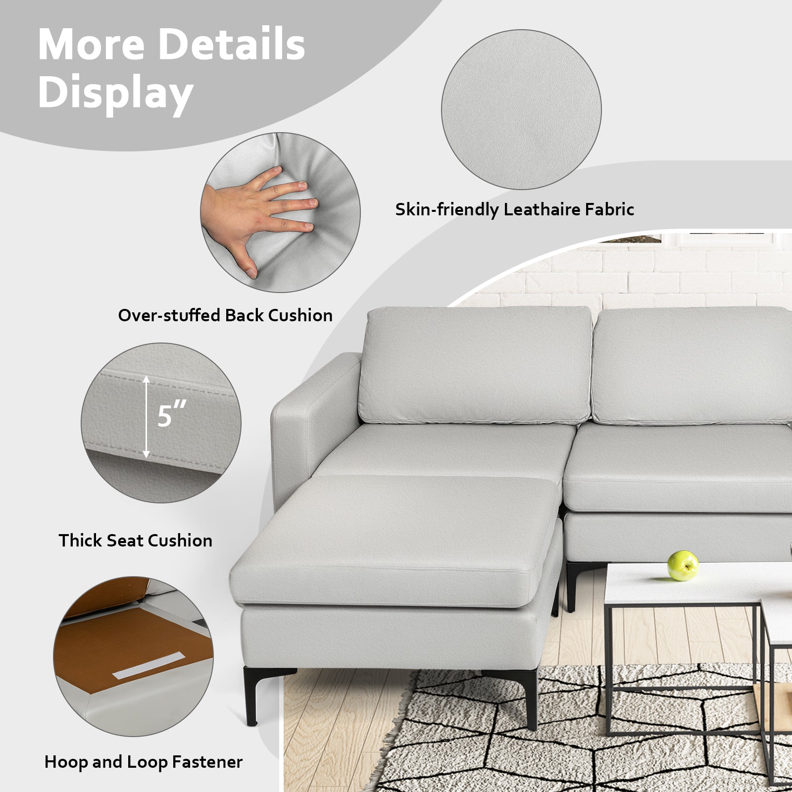 Convertible Sectional Sofa L-Shaped 3-Seat Sofa Couch