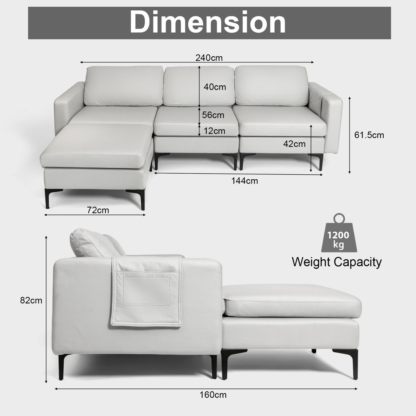 Convertible Sectional Sofa L-Shaped 3-Seat Sofa Couch
