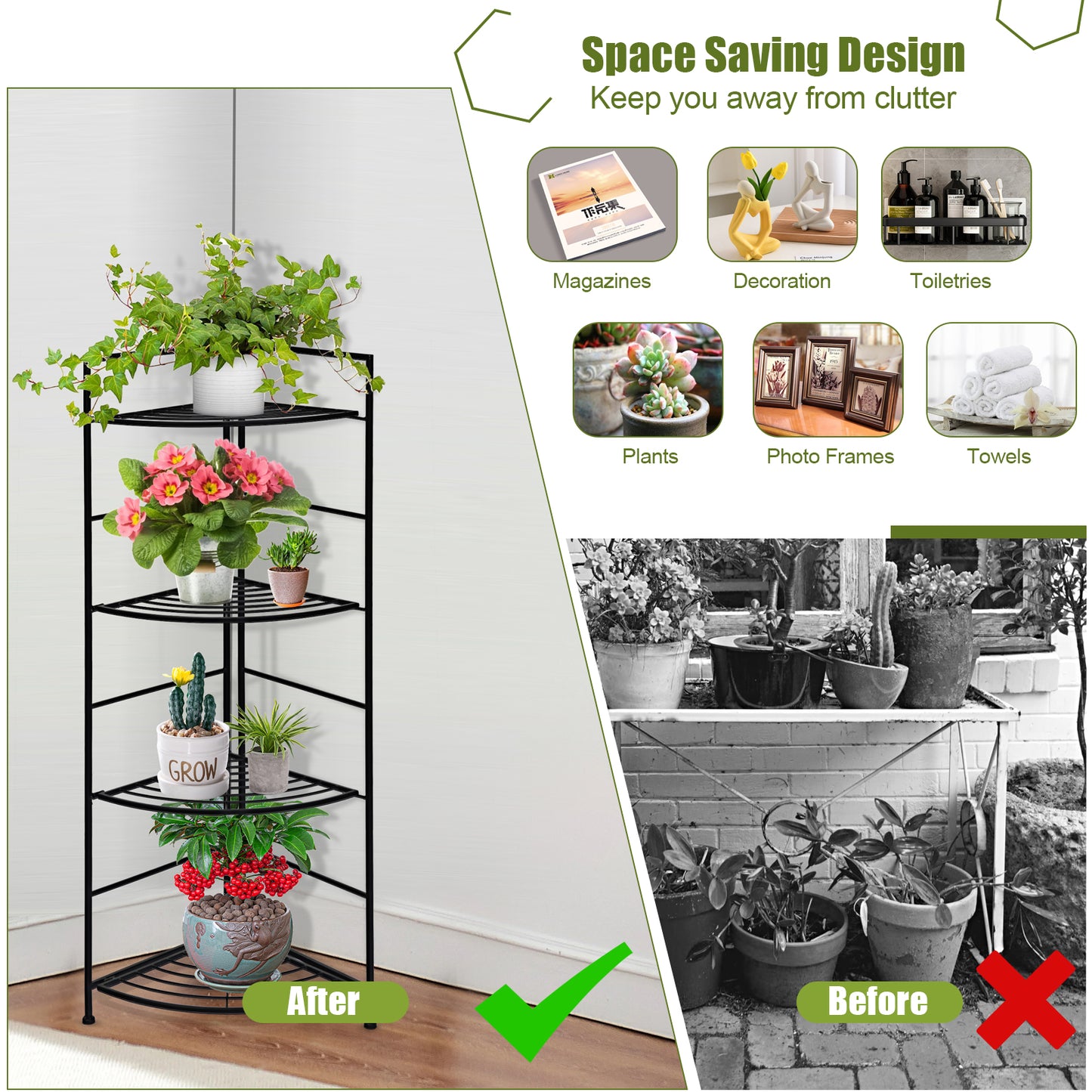 Corner Foldable Plant Stand Indoor 4-tier Multi-Function Display Rack