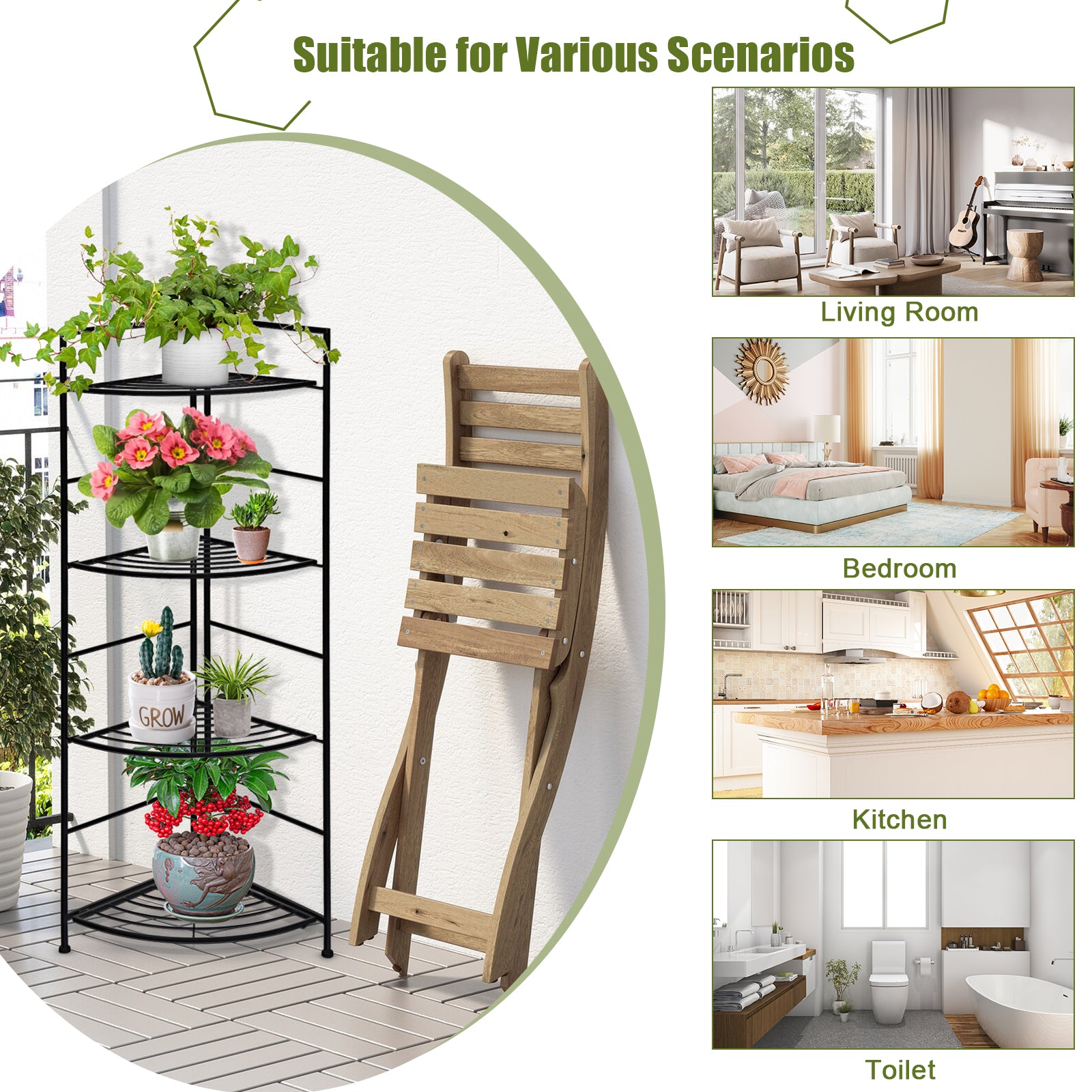 Corner Foldable Plant Stand Indoor 4-tier Multi-Function Display Rack