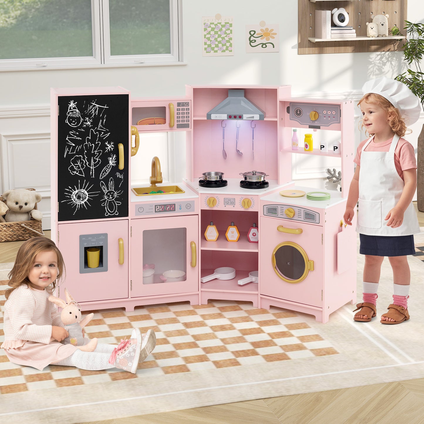 Corner Wooden Play Kitchen Large Set with Lights and Blackboard-Pink