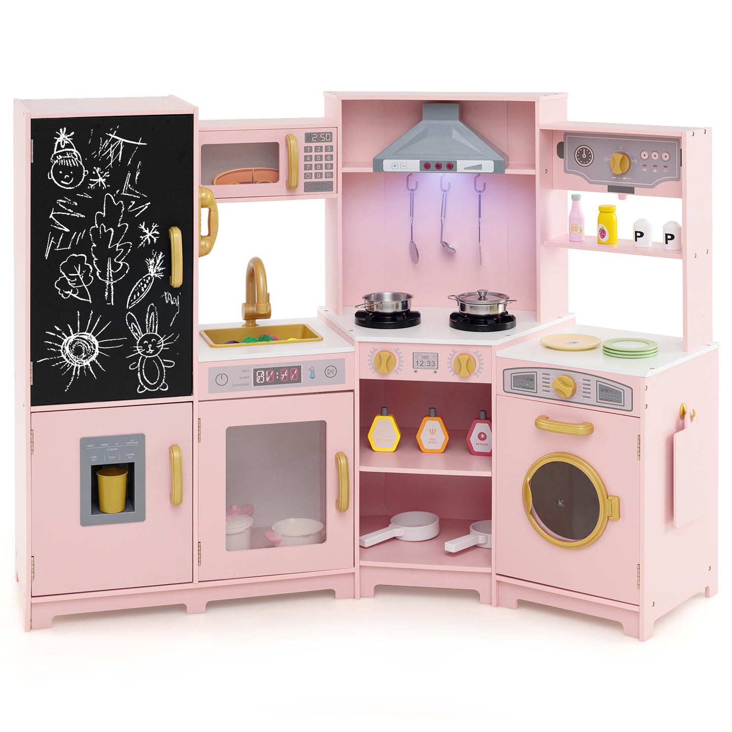 Corner Wooden Play Kitchen Large Set with Lights and Blackboard-Pink