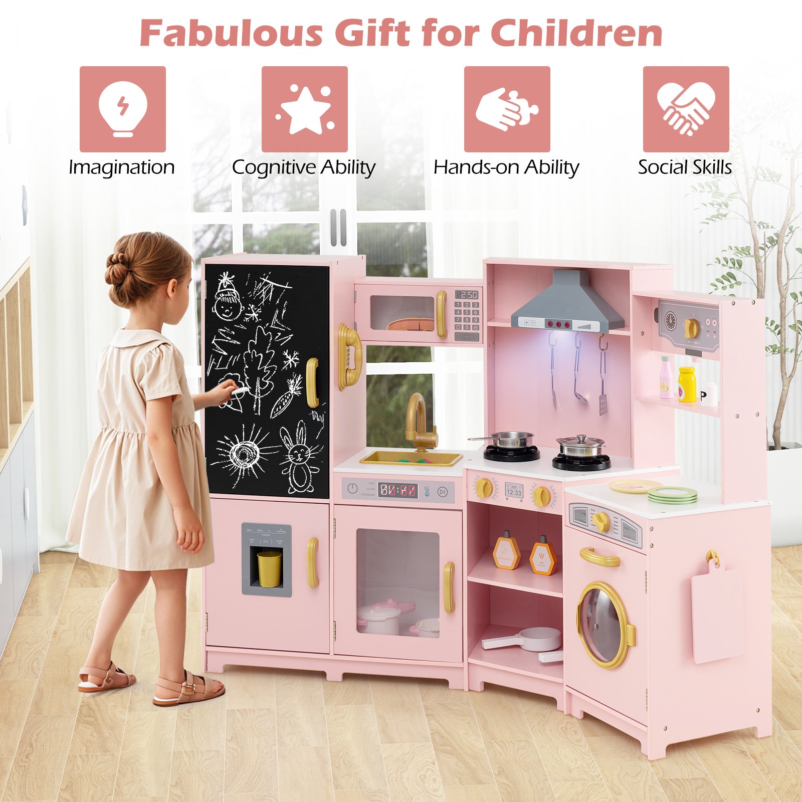 Corner Wooden Play Kitchen Large Set with Lights and Blackboard-Pink