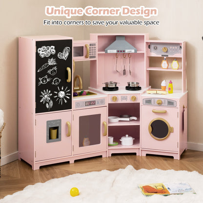 Corner Wooden Play Kitchen Large Set with Lights and Blackboard-Pink