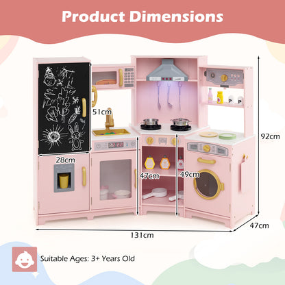 Corner Wooden Play Kitchen Large Set with Lights and Blackboard-Pink