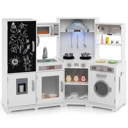 Corner Wooden Play Kitchen Large Set with Lights and Blackboard-White