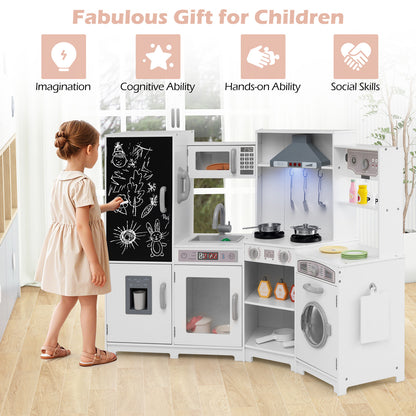 Corner Wooden Play Kitchen Large Set with Lights and Blackboard-White