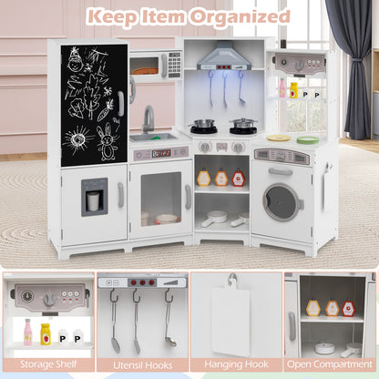 Corner Wooden Play Kitchen Large Set with Lights and Blackboard-White