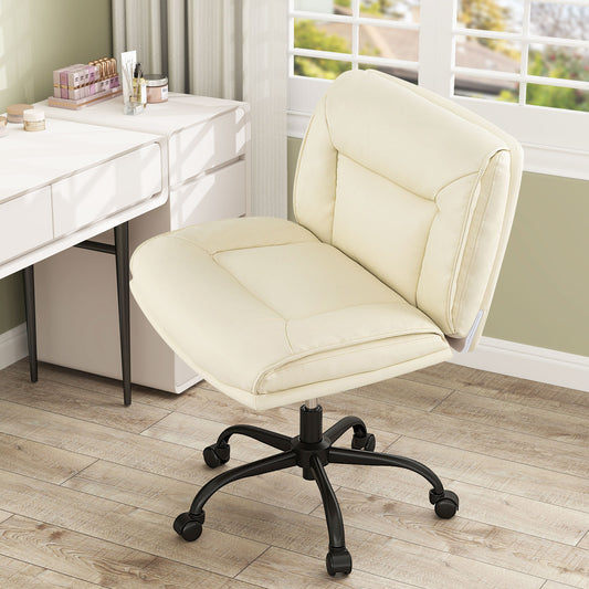 PU Leather Swivel Armless Desk Chair with Wide Backrest Seat and Adjustable Height-Beige
