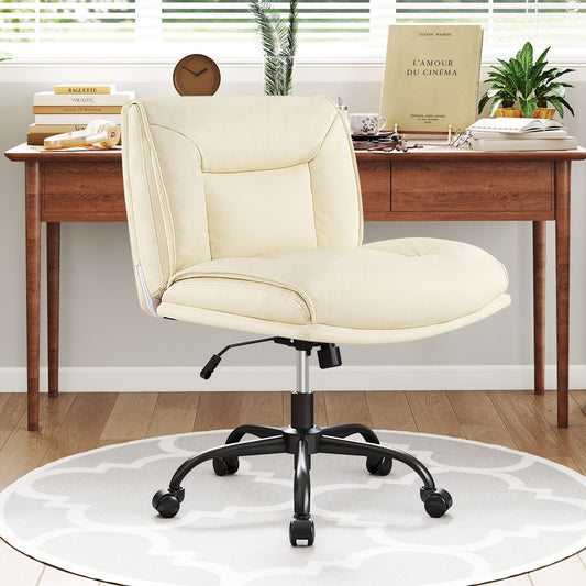 PU Leather Swivel Armless Desk Chair with Wide Backrest Seat and Adjustable Height-Beige
