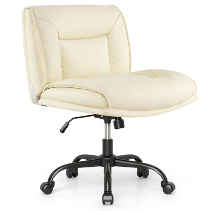 PU Leather Swivel Armless Desk Chair with Wide Backrest Seat and Adjustable Height-Beige