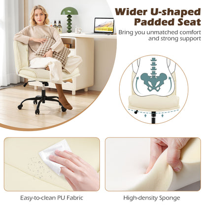 PU Leather Swivel Armless Desk Chair with Wide Backrest Seat and Adjustable Height-Beige