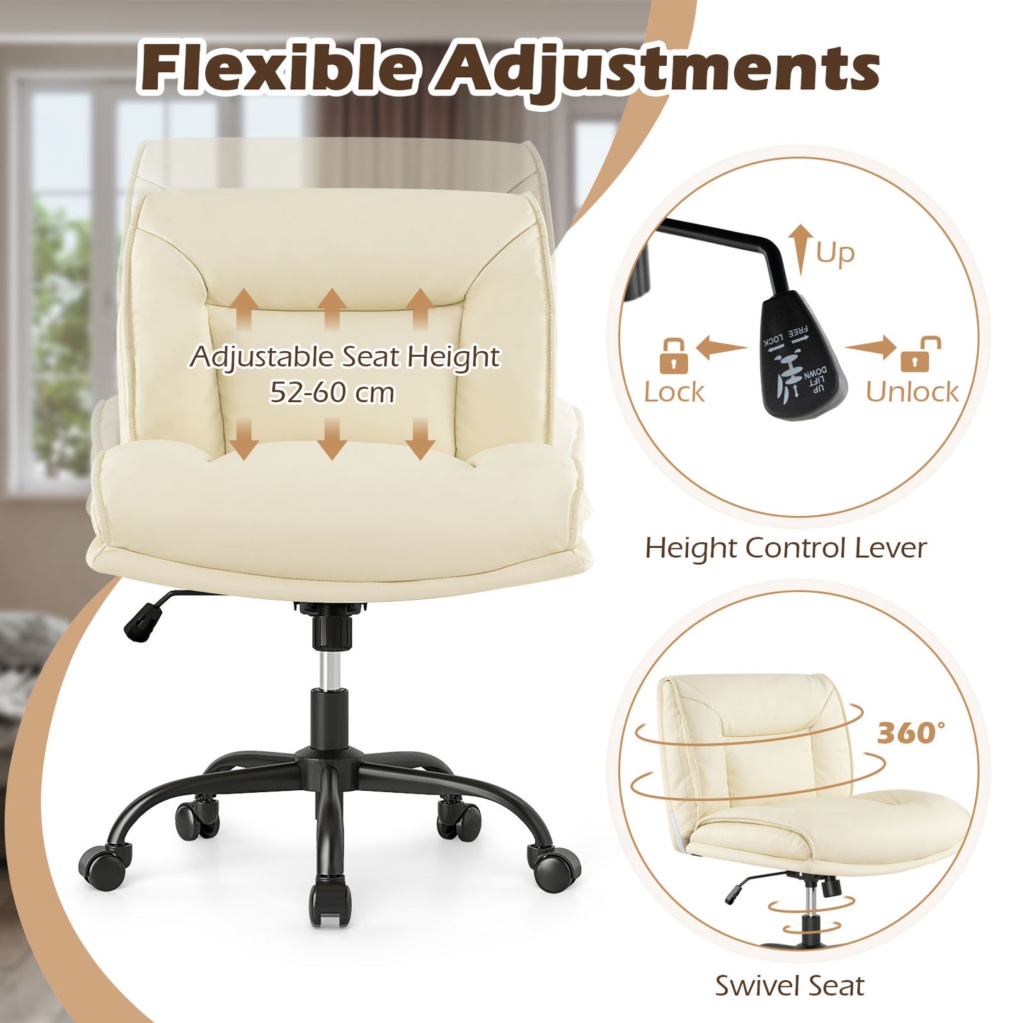 PU Leather Swivel Armless Desk Chair with Wide Backrest Seat and Adjustable Height-Beige