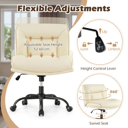 PU Leather Swivel Armless Desk Chair with Wide Backrest Seat and Adjustable Height-Beige
