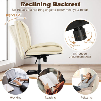 PU Leather Swivel Armless Desk Chair with Wide Backrest Seat and Adjustable Height-Beige