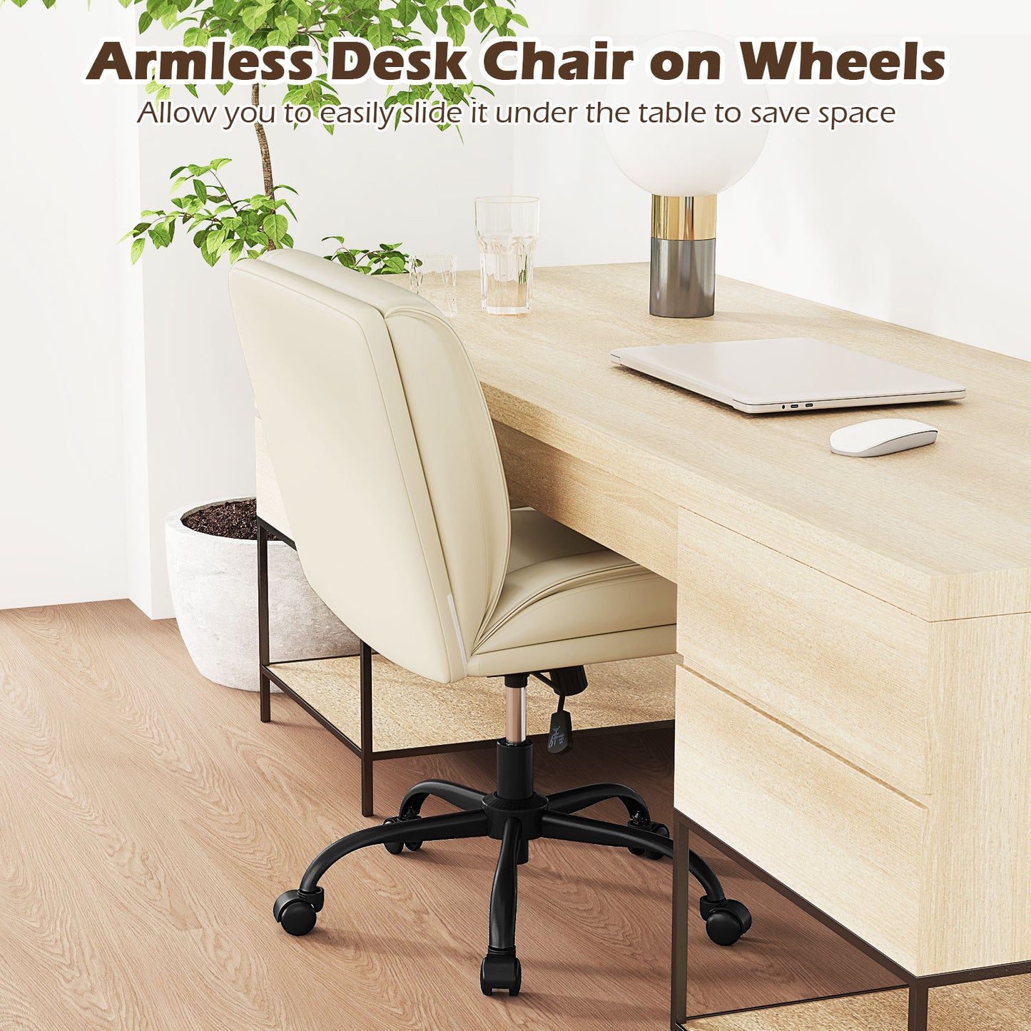 PU Leather Swivel Armless Desk Chair with Wide Backrest Seat and Adjustable Height-Beige