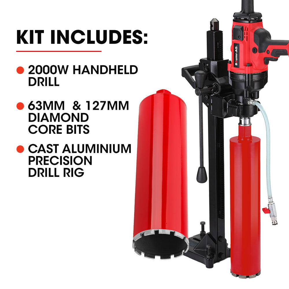 2000W Handheld Core Drill with Stand & Bit Combo, Max 0.16m Drilling Diameter