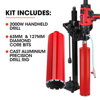 2000W Handheld Core Drill with Stand & Bit Combo, Max 0.16m Drilling Diameter